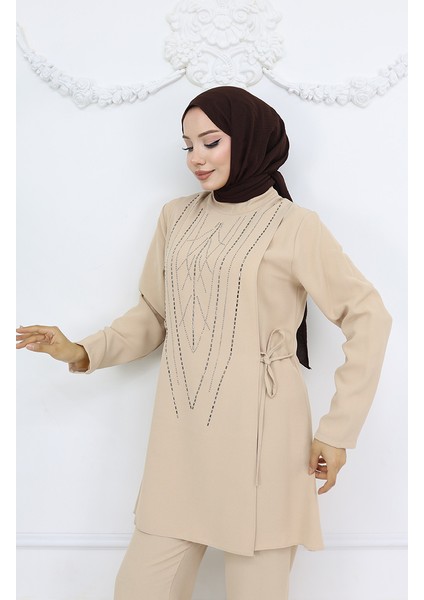 Yandan Bağlamalı Taşlı Abiye Tunik Pantolon Takım 6123-01 Vizon modelleri