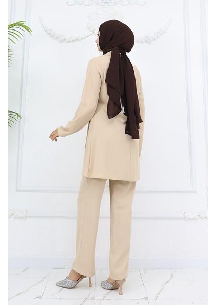 Yandan Bağlamalı Taşlı Abiye Tunik Pantolon Takım 6123-01 Vizon indirimleri