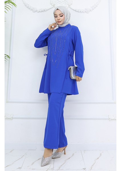 Yandan Bağlamalı Taşlı Abiye Tunik Pantolon Takım 6123-06 Saks