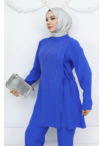 Yandan Bağlamalı Taşlı Abiye Tunik Pantolon Takım 6123-06 Saks modelleri