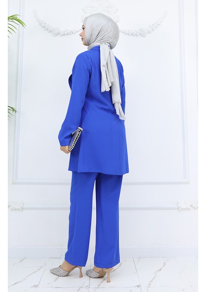 Yandan Bağlamalı Taşlı Abiye Tunik Pantolon Takım 6123-06 Saks indirimleri