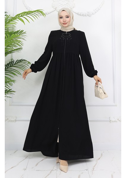 Kolu Lastikli Taşlı Fermuarlı Ferace 6129-01 Siyah