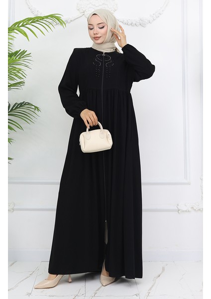 Kolu Lastikli Taşlı Fermuarlı Ferace 6129-01 Siyah fiyatları