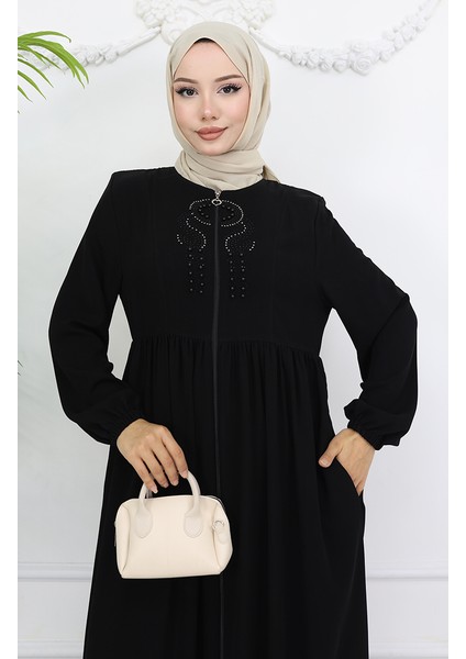 Kolu Lastikli Taşlı Fermuarlı Ferace 6129-01 Siyah modelleri