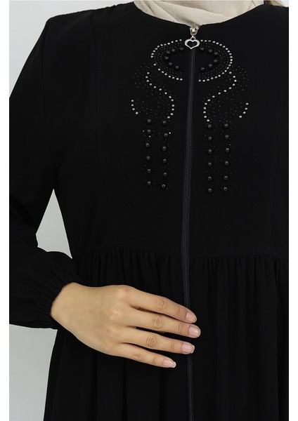 Kolu Lastikli Taşlı Fermuarlı Ferace 6129-01 Siyah fırsatları