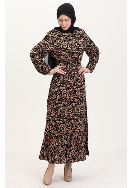 Viskon Kumaş Eteği Fırfırlı Kuşaklı Elbise 0038-03 Sütlü Kahve fiyatları