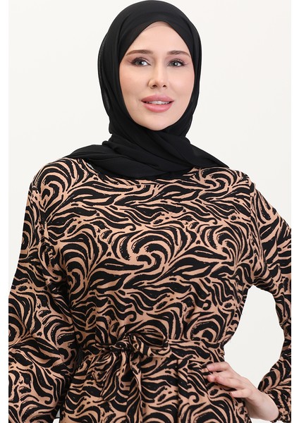 Viskon Kumaş Eteği Fırfırlı Kuşaklı Elbise 0038-03 Sütlü Kahve modelleri