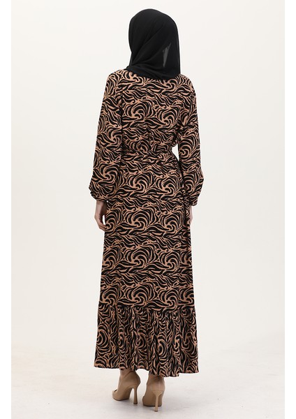 Viskon Kumaş Eteği Fırfırlı Kuşaklı Elbise 0038-03 Sütlü Kahve indirimleri