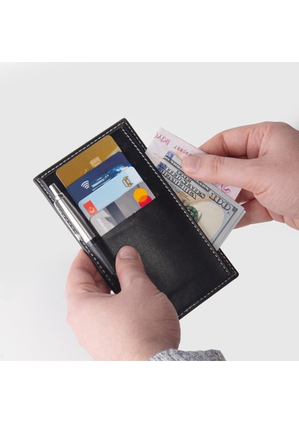 Suni Deri Kartlık Cüzdan Kalemlik Siyah Wallet And Card Holder Vegan 9X15,5 Cm. Black