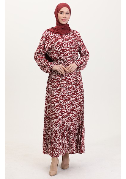 Viskon Kumaş Eteği Fırfırlı Kuşaklı Elbise 0038-02 Bordo