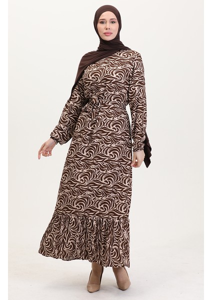 Viskon Kumaş Eteği Fırfırlı Kuşaklı Elbise 0038-04 Kahverengi