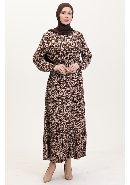 Viskon Kumaş Eteği Fırfırlı Kuşaklı Elbise 0038-04 Kahverengi fiyatları