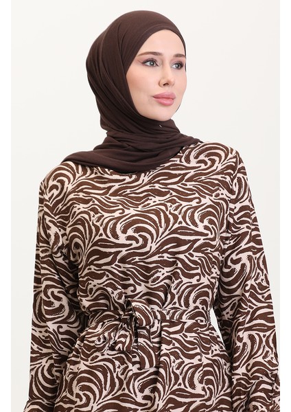 Viskon Kumaş Eteği Fırfırlı Kuşaklı Elbise 0038-04 Kahverengi modelleri