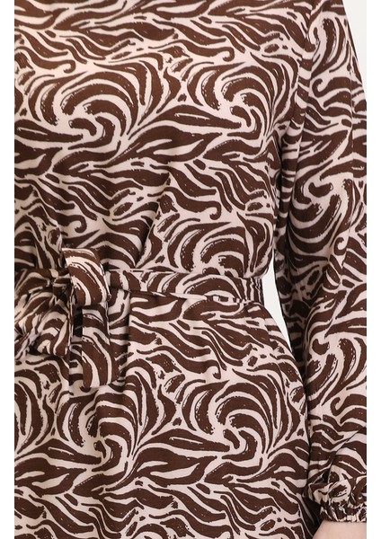 Viskon Kumaş Eteği Fırfırlı Kuşaklı Elbise 0038-04 Kahverengi fırsatları