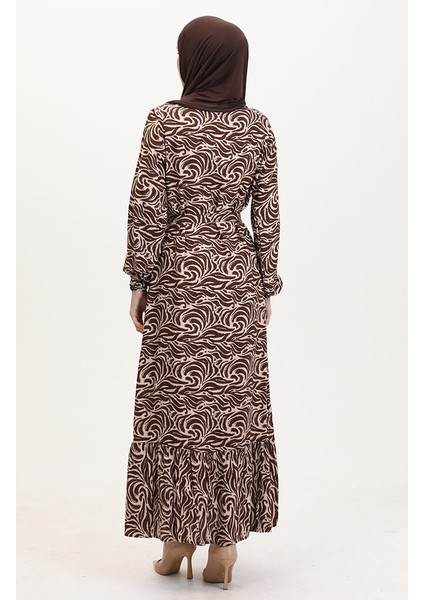 Viskon Kumaş Eteği Fırfırlı Kuşaklı Elbise 0038-04 Kahverengi indirimleri