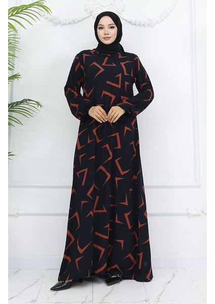 Viskon Kumaş Kolu Lastikli Elbise 0032-02 Siyah Kiremit