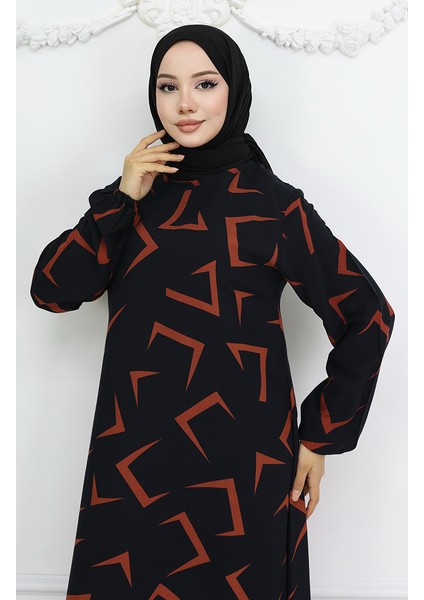 Viskon Kumaş Kolu Lastikli Elbise 0032-02 Siyah Kiremit modelleri