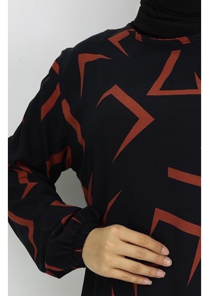 Viskon Kumaş Kolu Lastikli Elbise 0032-02 Siyah Kiremit fırsatları