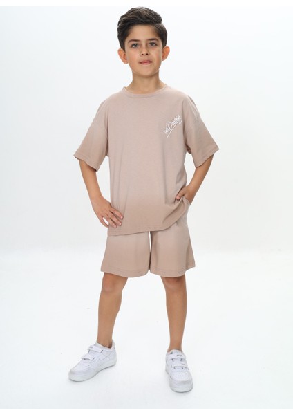 Erkek Çocuk Yıkama Efektli Baskılı Şortlu Takım