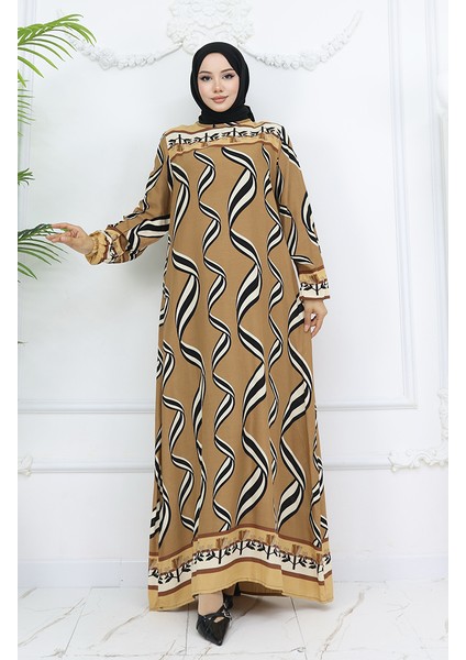 Viskon Kumaş Kol Ucu Lastikli Elbise 0031-02 Sütlü Kahve