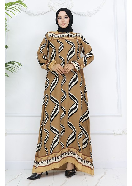 Viskon Kumaş Kol Ucu Lastikli Elbise 0031-02 Sütlü Kahve fiyatları