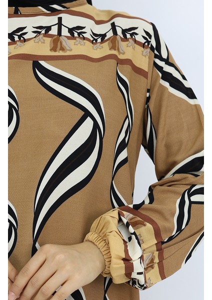 Viskon Kumaş Kol Ucu Lastikli Elbise 0031-02 Sütlü Kahve modelleri