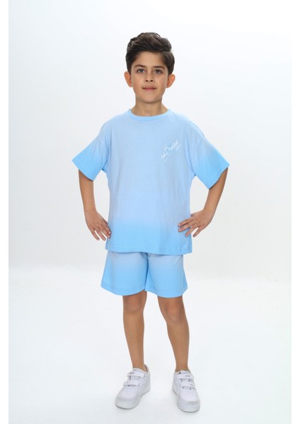 Erkek Çocuk Yıkama Efektli Baskılı Şortlu Takım