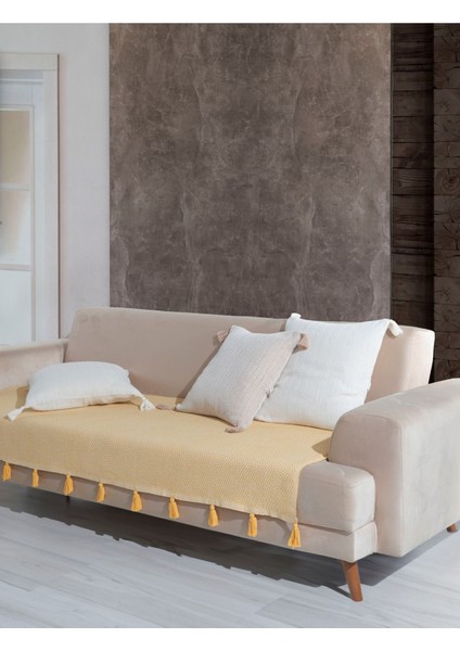 Lavi Ponponlu Sarı Koltuk Örtüsü 115 x 200 cm Kanepe Divan Çekyat Berjer Örtüsü Şalı Püsküllü