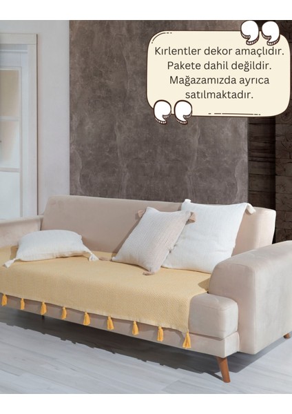 Lavi Ponponlu Sarı Koltuk Örtüsü 115 x 200 cm Kanepe Divan Çekyat Berjer Örtüsü Şalı Püsküllü