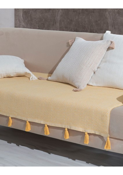 Lavi Ponponlu Sarı Koltuk Örtüsü 115 x 200 cm Kanepe Divan Çekyat Berjer Örtüsü Şalı Püsküllü
