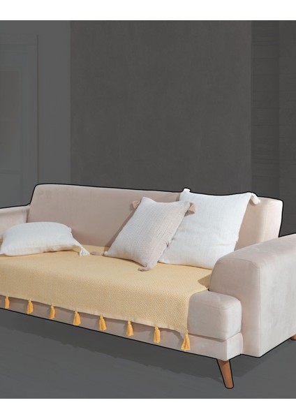 Lavi Ponponlu Sarı Koltuk Örtüsü 115 x 200 cm Kanepe Divan Çekyat Berjer Örtüsü Şalı Püsküllü