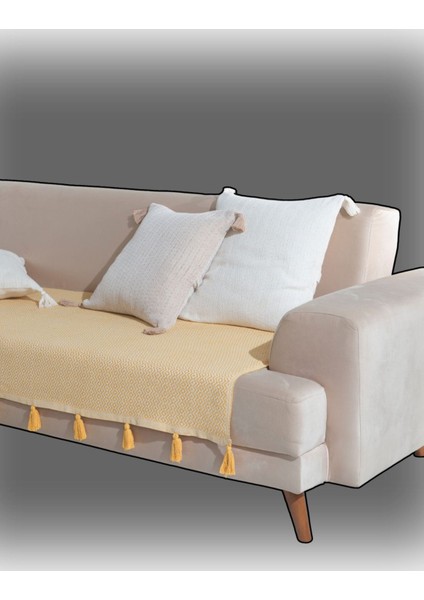 Lavi Ponponlu Sarı Koltuk Örtüsü 115 x 200 cm Kanepe Divan Çekyat Berjer Örtüsü Şalı Püsküllü