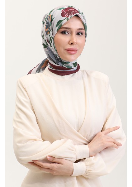 Desenli Pamuk Eşarp 2074-09 Gri Mürdüm