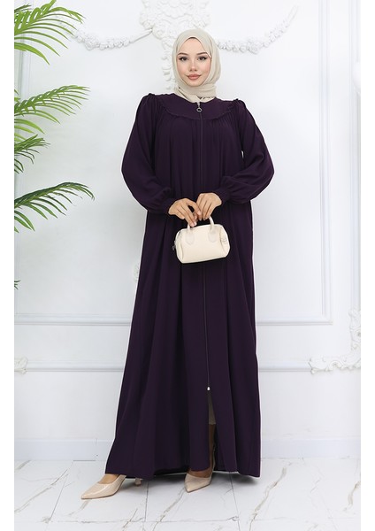 Önü Büzgülü Fermuarlı Ferace 6182-02 Mürdüm