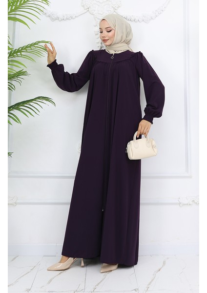 Önü Büzgülü Fermuarlı Ferace 6182-02 Mürdüm fiyatları