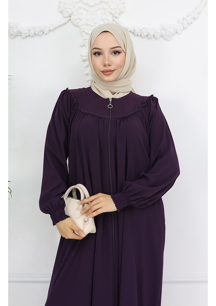 Önü Büzgülü Fermuarlı Ferace 6182-02 Mürdüm modelleri