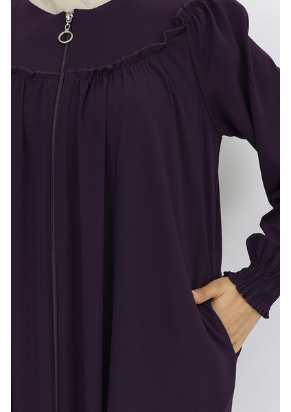 Önü Büzgülü Fermuarlı Ferace 6182-02 Mürdüm fırsatları