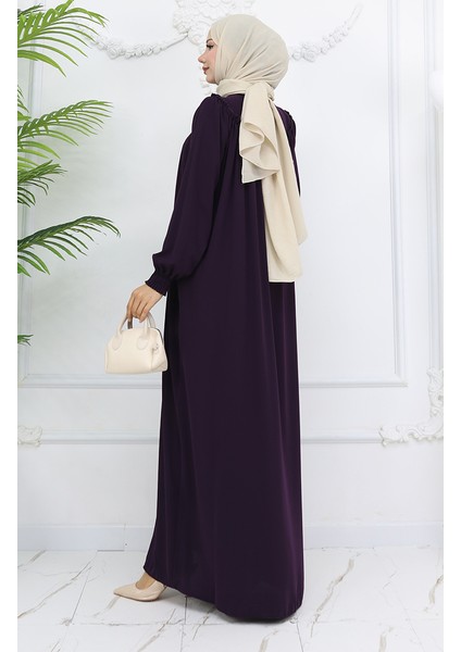 Önü Büzgülü Fermuarlı Ferace 6182-02 Mürdüm indirimleri