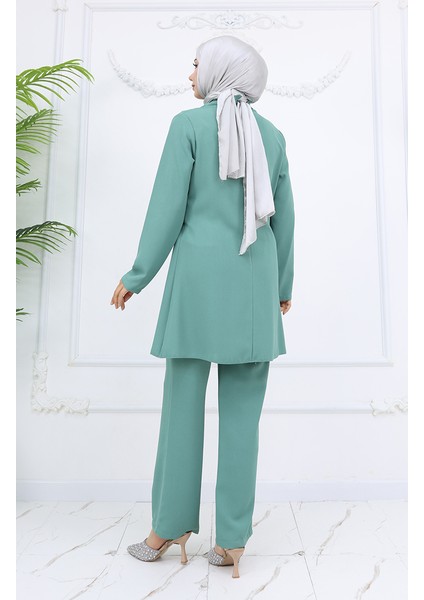Yandan Bağlamalı Taşlı Abiye Tunik Pantolon Takım 6123-02 Çağla Yeşili