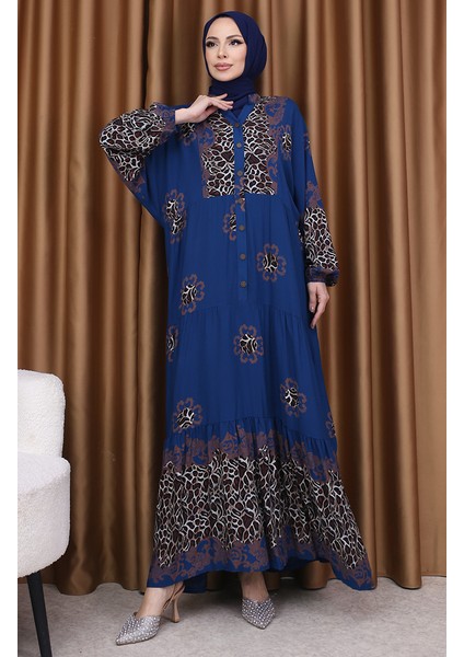 Leopar Garnili Desenli Elbise 5576-01 Indigo