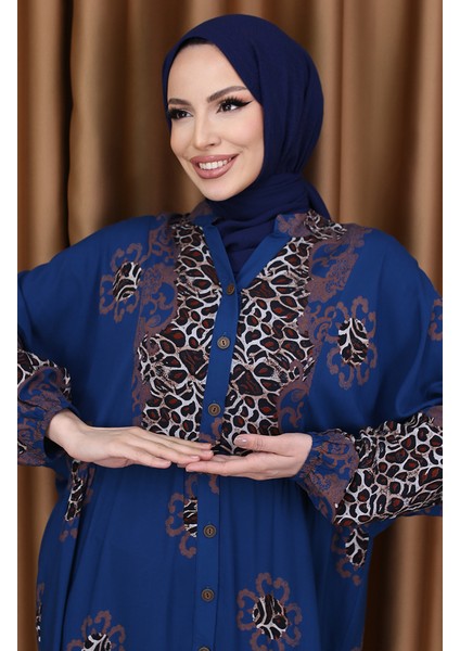 Leopar Garnili Desenli Elbise 5576-01 Indigo modelleri