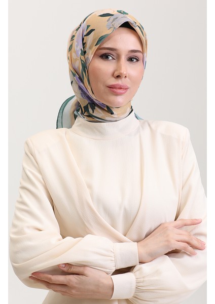 Desenli Pamuk Eşarp 2074-11 Hardal Lila