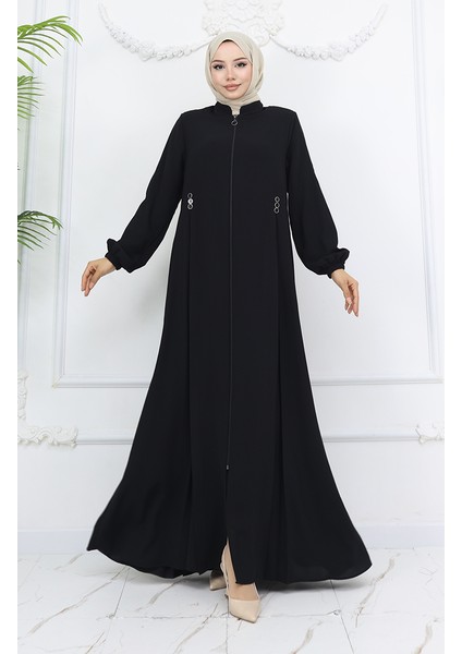 Düğme Detaylı Fermuarlı Ferace 6203-02 Siyah