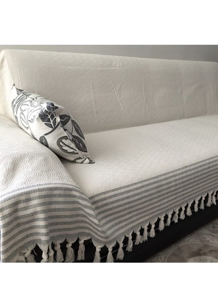 Battal Boy Kolları Örten Pamuklu Koltuk Örtüsü Koltuklar Için Krem Zemin Gri Çizgilidir