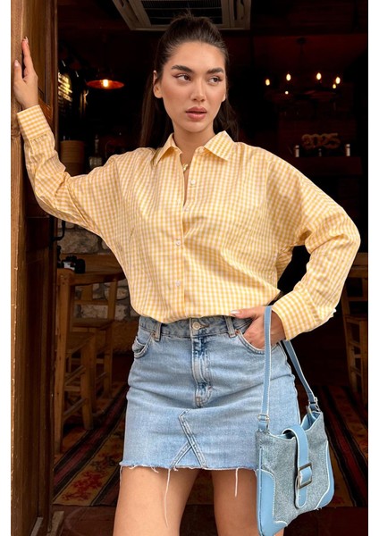 Sarı Pötikareli Uzun Kollu Kadın Gömlek MG2386