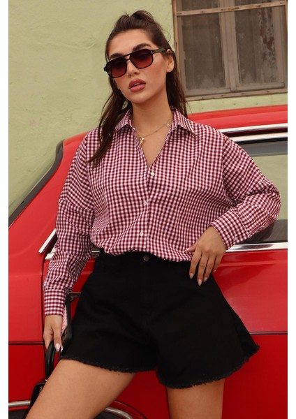 Bordo Pötikareli Uzun Kollu Kadın Gömlek MG2386