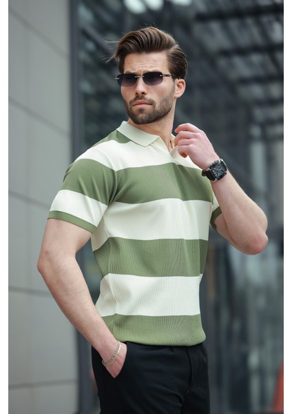 Haki Polo Yaka Çizgili Erkek Triko Tişört E7411 modelleri