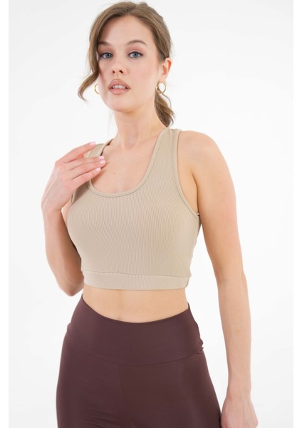 Bej U Yaka Beli Lastikli Fitilli Toparlayıcı Örme Crop Büstiyer