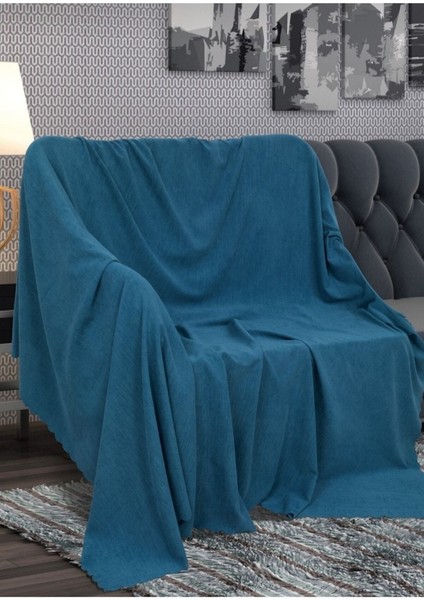 Mat Şönil Petrol Mavisi Çift Taraflı Koltuk Çekyat Örtüsü Şalı