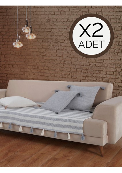 Liva Ponponlu Gri 2 Adet Koltuk Örtüsü 115X200 cm Kanepe Divan Çekyat Berjer Örtüsü Püsküllü